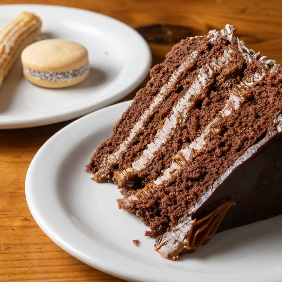 Slice of layered chocolate cake with frosting and coconut garnish beside churros and a sandwich cookie on white plates.