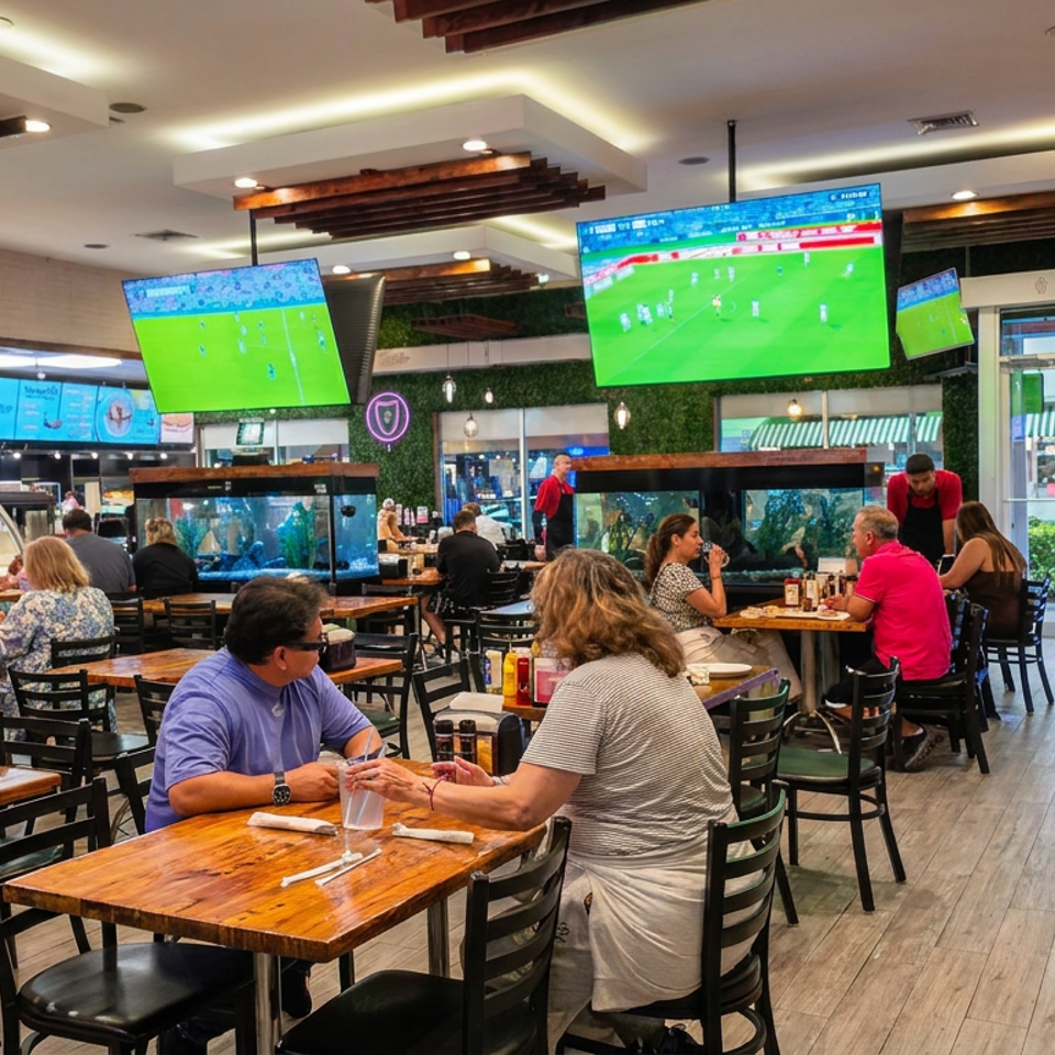 Busy casual restaurant dining room with patrons, aquarium tanks, wooden tables, counter service, and televisions showing soccer.