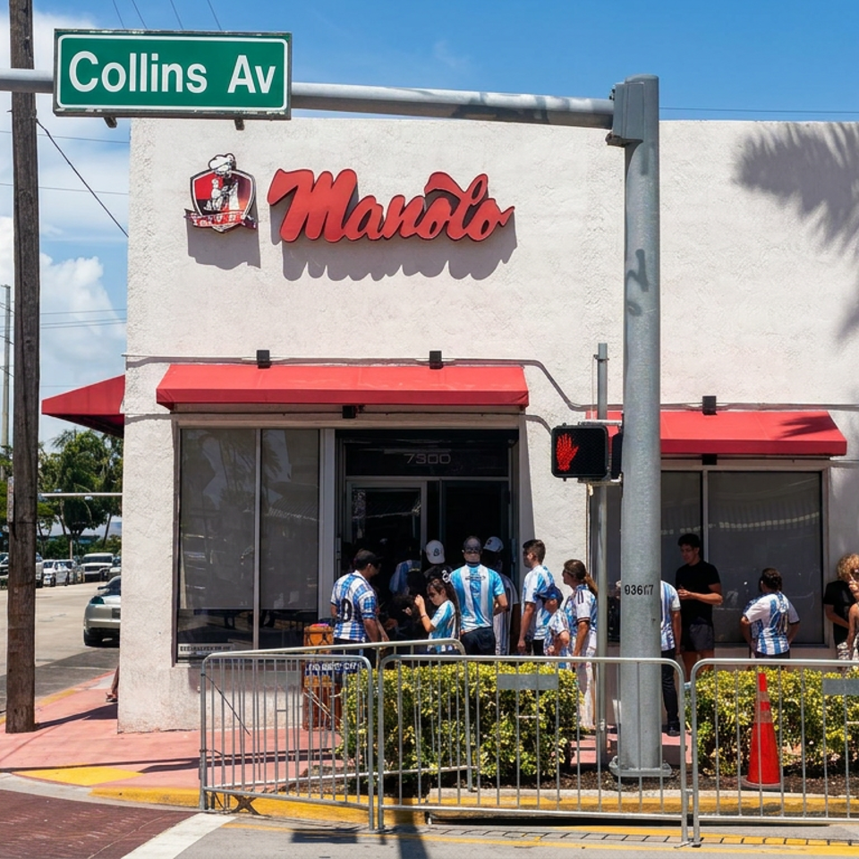 People gather outside Manolo restaurant beneath a Collins Avenue street sign, with red awnings, palm shadows, and sidewalk barriers.