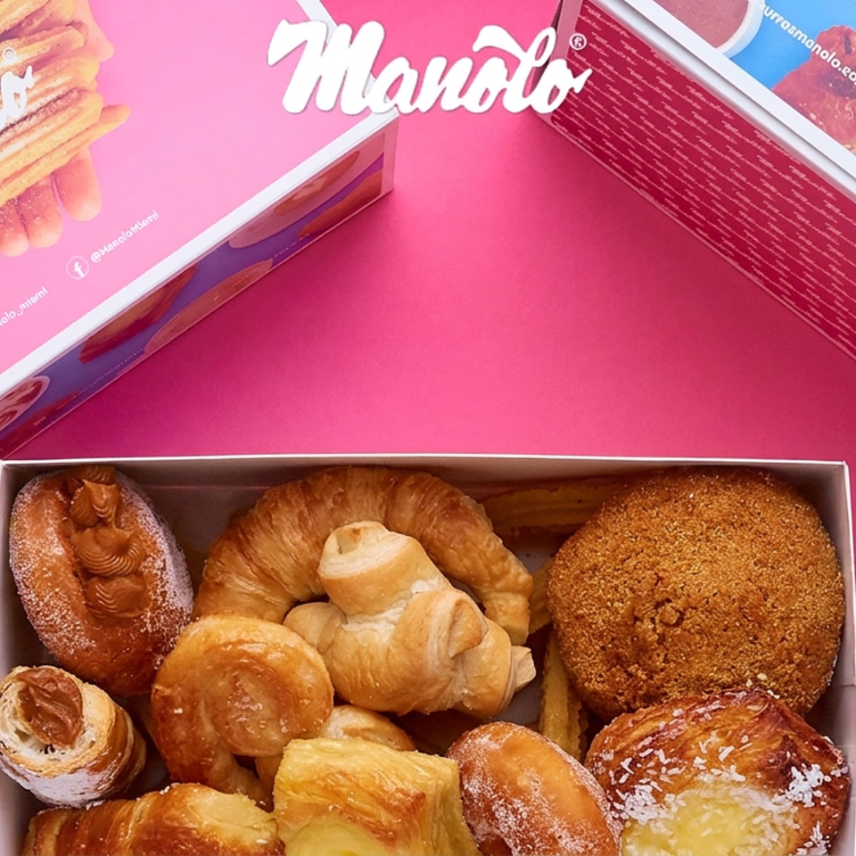 Open box of assorted golden pastries surrounded by colorful Manolo bakery menus on a bright pink surface.