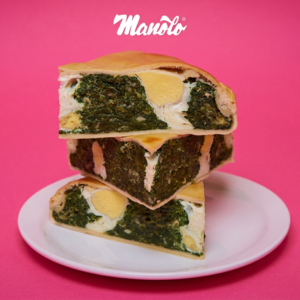 Stack of three cross-sectioned savory pastries filled with spinach, egg, cheese, and meat on a white plate against a pink background.