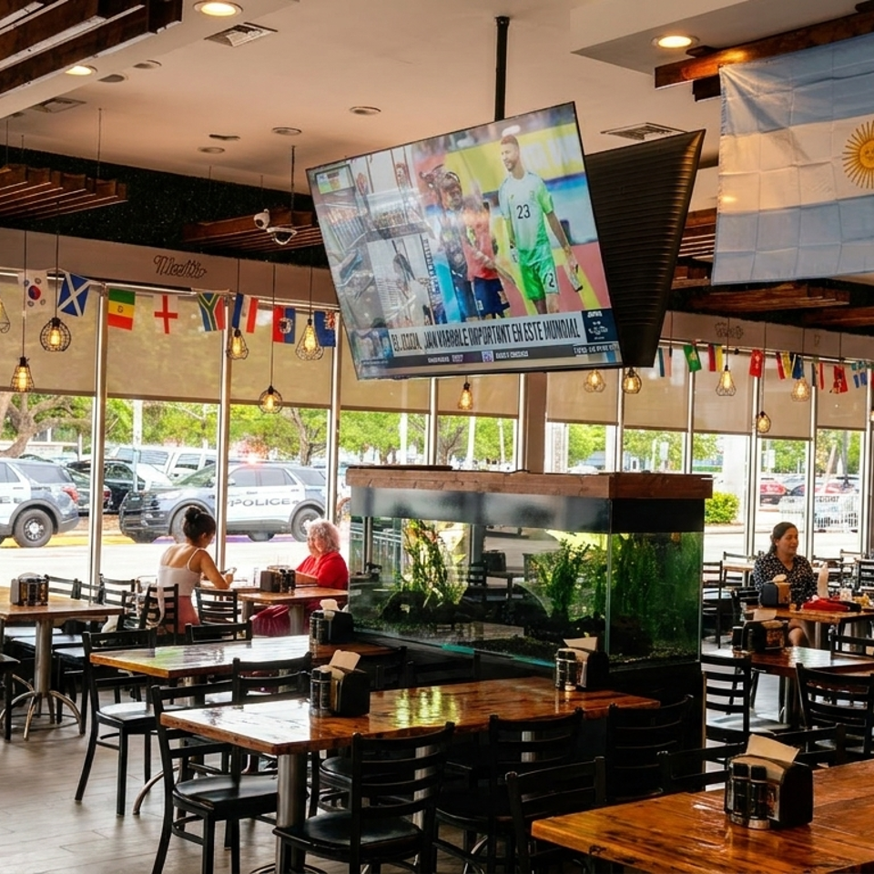 Bright sports restaurant dining room with flags, televisions showing soccer, aquariums, wooden tables, and seated diners.